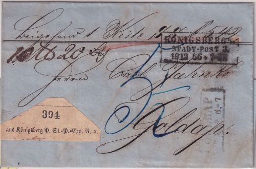 Preussen - Königsberg Stadt-Post 3 Ra3 Paketbegleitbrief n. Goldap 1866