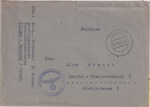 DR - Pillau 1941 Feldpostbrief (Seefliegerhorstkommandantur) n. Berlin