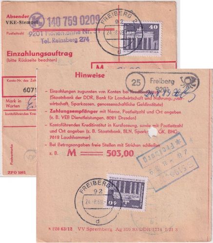 DDR - 2x40 Pfg. Aufbau/klein Einzahlungsauftrag Hohentanne/Freiberg 24.8.89