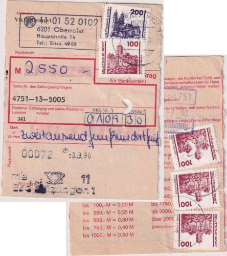 DDR/VGO - 200 Pfg. Bauwerke ua. Einzahlungsauftrag Oberrohn/Bad Salzungen 3.9.90