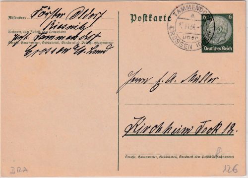 DR - Tammendorf ü. Crossen (Oder) Poststelle I Ganzsache n. Kirchheim 1934