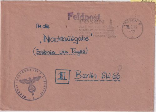 DR - Posen 1944 Masch.werbestpl. "Gauhauptstadt" Feldpostbrief n. Berlin