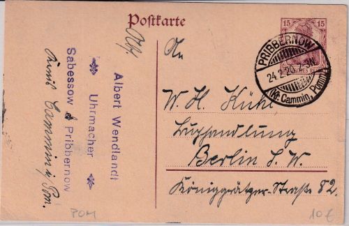 DR - Pribbernow (Kr. Cammin, Pom.) 1920 15 Pfg, Ganzsache n. Berlin