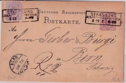 DR - 5 PfgE. Ganzsache+Zusatz i.d. SCHWEIZ Ra3 Strasburg R.B. Marienwerder 1877