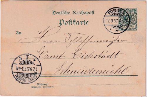DR - Fordon 1897 5 Pfg. Ganzsache n. Schneidemühl