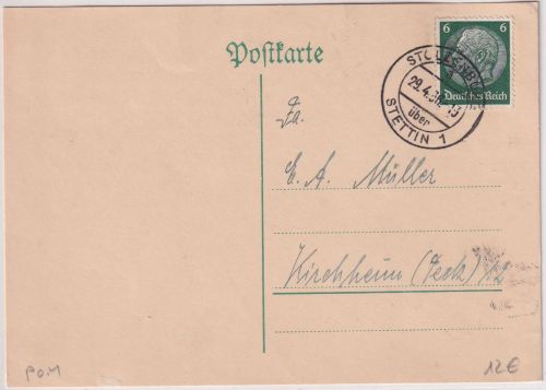 DR - Stolzenburg ü. Stettin Poststelle I Karte n. Kirchheim 1936