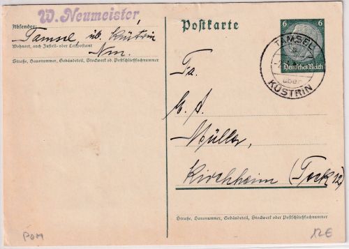 DR - Tamsel ü. Küstrin Poststelle I Ganzsache n. Kirchheim 1936