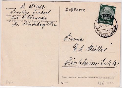 DR - Breitenstein ü. Friedeberg (Neum.) Poststelle I Karte n. Kirchheim 1936