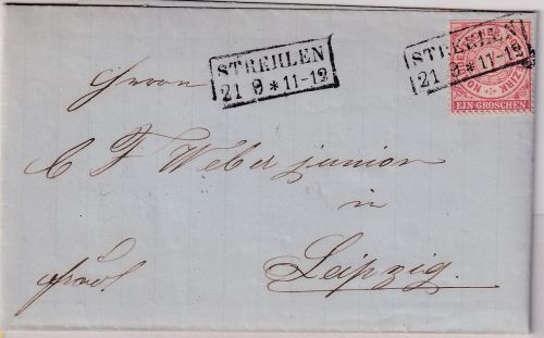 NDP - 1 Gr. gez. Strehlen 21/8 nachv. preuss. Ra2 Brief n. Leipzig 1870