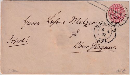 Preussen - 1 Sgr. Adler Ganzsache/Brief K2 Oppeln 8/4 67 n. Oberglogau
