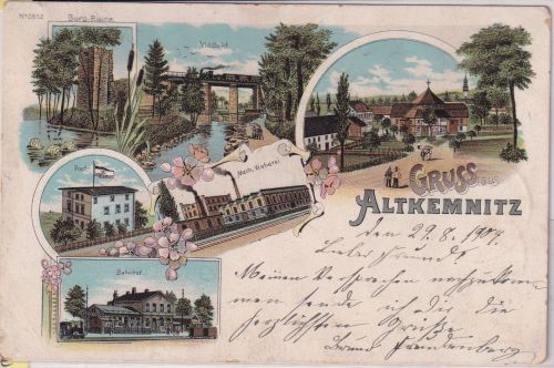 Schlesien - Altkemnitz Bahnhof Post Weberei etc. farb. Mehrbildlitho 1904