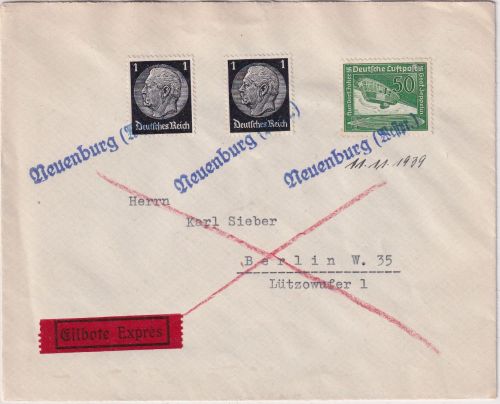 DR - Neuenburg (Westpr.) L1 u.hds. Datumsangabe Eilbrief n. Berlin 1939