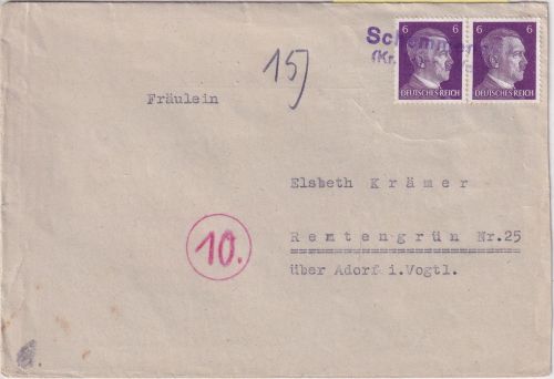 DR - Schennensee (Kr. Leipa, Westpr.) Not-L2 Brief n. Rentengrün ü. Adorf ca1944