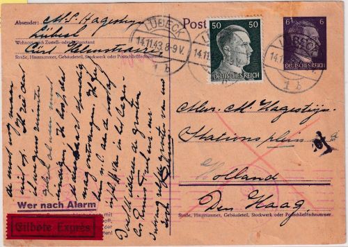 DR - 6 Pfg. AH Ganzsache+Zusatz Eilkarte n. HOLLAND Lübeck - Den Haag 1943