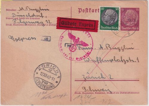 DR - 15 Pfg. Hindenburg Ganzsache+Zusatz Eilkarte i.d. SCHWEIZ Düsseldorf 1942