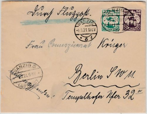 Danzig - 40+60 Pfg. Flugpostausg. Luftpostbrief Danzig 5 - Berlin 1921