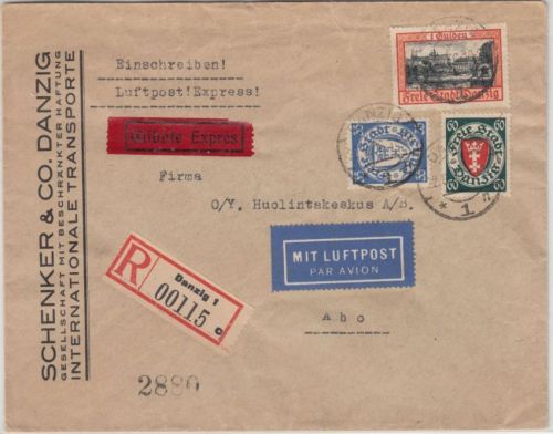Danzig - 1 Gld. ua. Freimarken Lupo-Eil-Einschreibebrief n. FINNLAND Danzig 1936