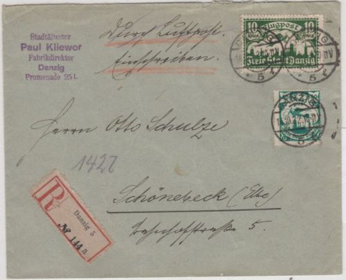 Danzig - 10 M.+40 Pfg Flugpostausg. Lupo-Einschreibebrief n. Schönebeck 14.10.22