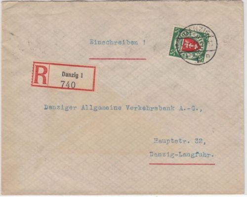 Danzig - 30 Pfg. Wappen Ortseinschreibebrief n. Langfuhr 2.12.29