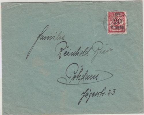 Danzig - 20 Pfg./100 M. Überdruck Plattenfehler ! Brief Langfuhr - Potsdam 1923