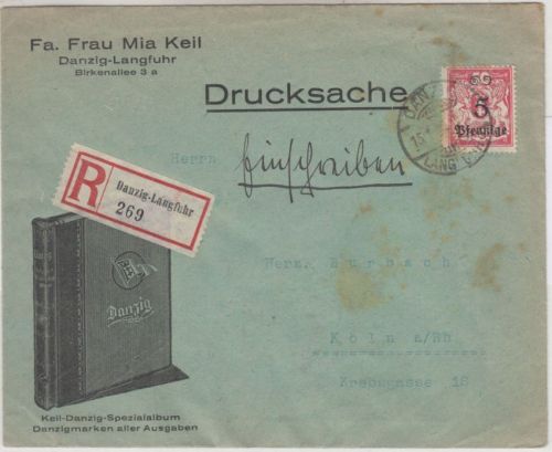 Danzig - 5 Pfg./50 M. + 10 Pfg./50 Pfg. 4er-Block Einschreibe-Drucksache 15.1.24