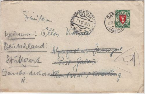 Danzig - 30 Pfg. Wappen Brief n ÖSTERREICH Langfuhr - Galltür 1930 Weiterleitung