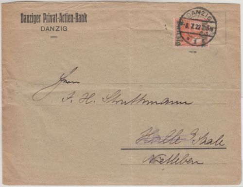 Danzig - 3 M./7 1/2 Pfg. Germania/Überdruck Brief n. Halle 6.7.22 Nachsendung