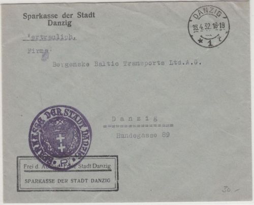 Danzig - Danzig 1932 Ortsbrief/Frei d. Ablösung (Sparkasse)