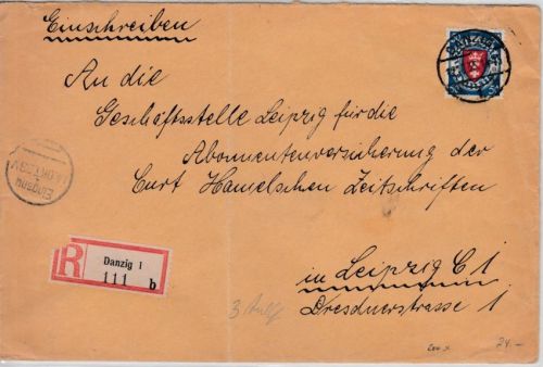 Danzig - 50 Pfg. Wappen Einschreibebrief n.- Leipzig 12.10.33