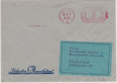 Danzig - 3 Pfg Postfreistempel Ortsdrucksache (Fa. Herbert Schnelle) Danzig 1931