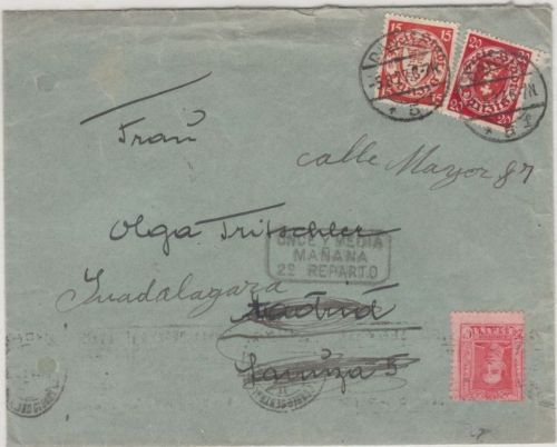 Danzig - 15+20 Pfg. Wappen Brief n. SPANIEN (Madrid) - Nachsendung !! 5.8.27
