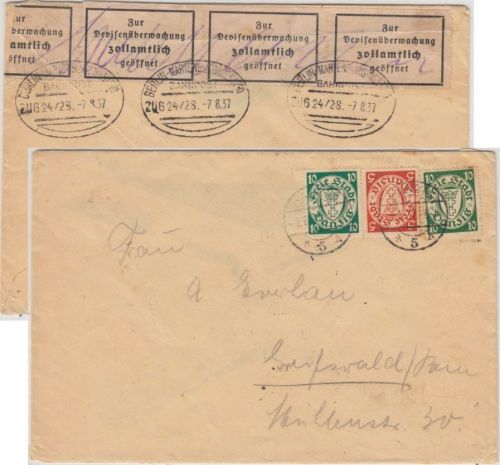 Danzig - 5+10 Pfg. Wappen/Rollenzähnung u.a. Brief n. Greifswald 7.3.37 Zensur
