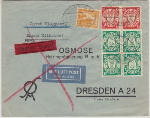 Danzig - 15 Pfg. Flugpostausgabe u.a. Luftpost-Eilbrief n. Dresden1937