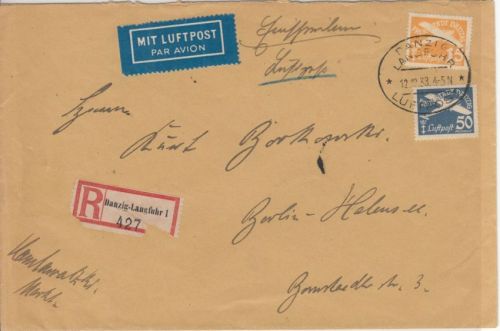 Danzig - 15+50 Pfg. Flugpostausgabe Luftpost-Einschreibebrief n. Berlin 1938