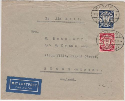 Danzig - 40+25 Pfg. Wappen Luftpostbrief n. ENGLAND 1935