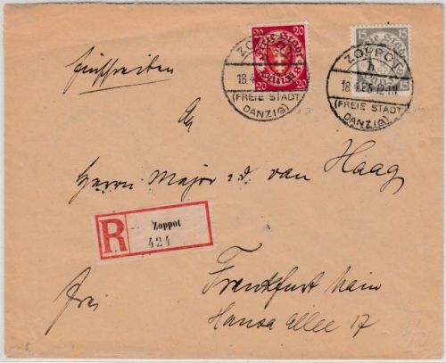Danzig - 15+20 Pfg. Wappen Einschreibebrief Zoppot - Frankfurt a/M. 18.4.25