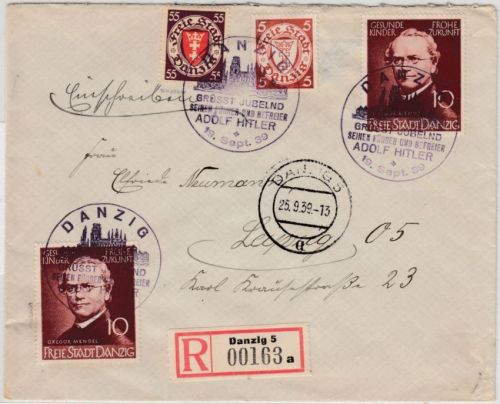 Danzig - 55 Pfg. Wappen u.a. Einschreibebrief SST Danzig n. Leipzig 19.9.39