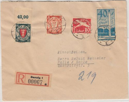 Danzig - 60 Pfg. Wappen Oberrand u.a. Einschreibebrief n. Halle 2.2.37