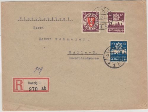Danzig - 55 Pfg. Wappen u.a. Einschreibebrief n. Halle 7.6.37