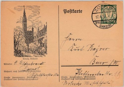 Danzig - 10 Pfg. Wappen Bildganzsache (Rathaus) Zoppot - Buer 1937
