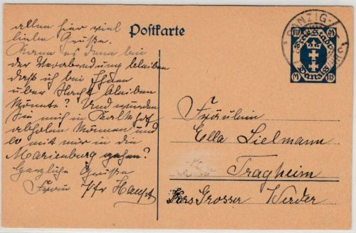 Danzig - 1,25 M. Wappen Ganzsache Langfuhr - Tragheim 8.6.22
