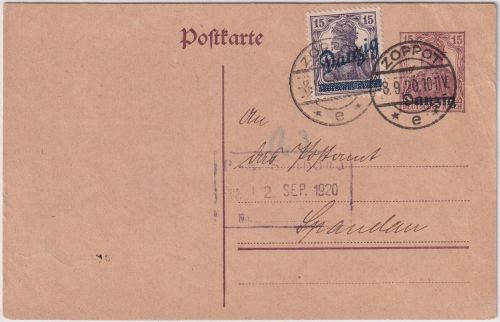 Danzig - 15 Pfg. Germania/Überdruck + Zusatz Zoppot - Spandau 8.9.20