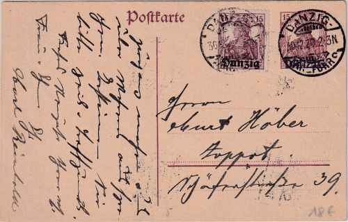 Danzig - 15 Pfg. Germania/Überdruck + Zusatz Langfuhr - Zoppot 30.12.20