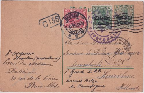 LP Belgien - 5 C. Germania Ganzsache+Zusatz n. HOLLAND/Tarnadresse ! 1915