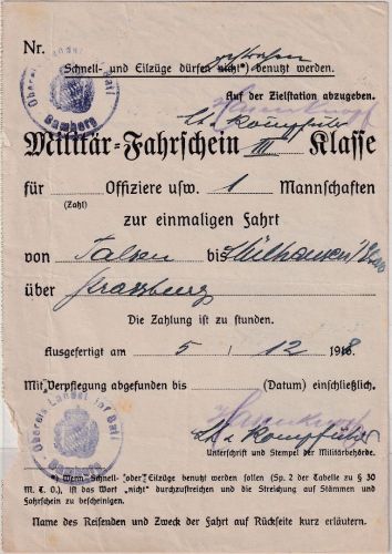 Postgebiet ObOst - Talsen 5.12.18 Militärfahrschein III. Kl. n. Mülhausen/Elsass