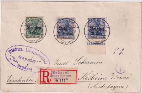 LP Belgien - Brüssel Soziale Fürsorge Ausstellung So.R-Zettel + SST R-Brief 1916