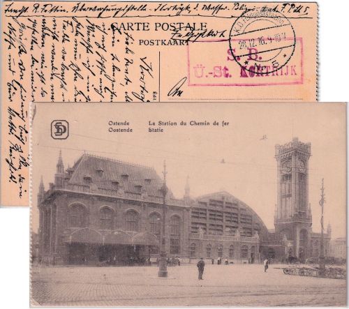 Et. West - "S.B. Ü.-St. Kortrijk" roter Ra2 Feldpostkarte Fp.Stat. Nr. 5 1916