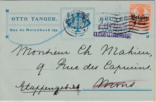 LP Belgien - "Zurück unzulässig" Retour-L2 Karte Brüssel - Mons/Et. West 1917
