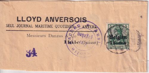 LP Belgien - 5 C. Germania Streifband i.d. SCHWEIZ Antwerpen - Basel 1915