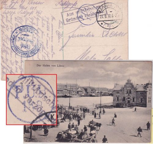 Postgebiet ObOst - Libau 1917 Feldpostkarte n. Metz Zensur-K1 "P.Ü.H.168"